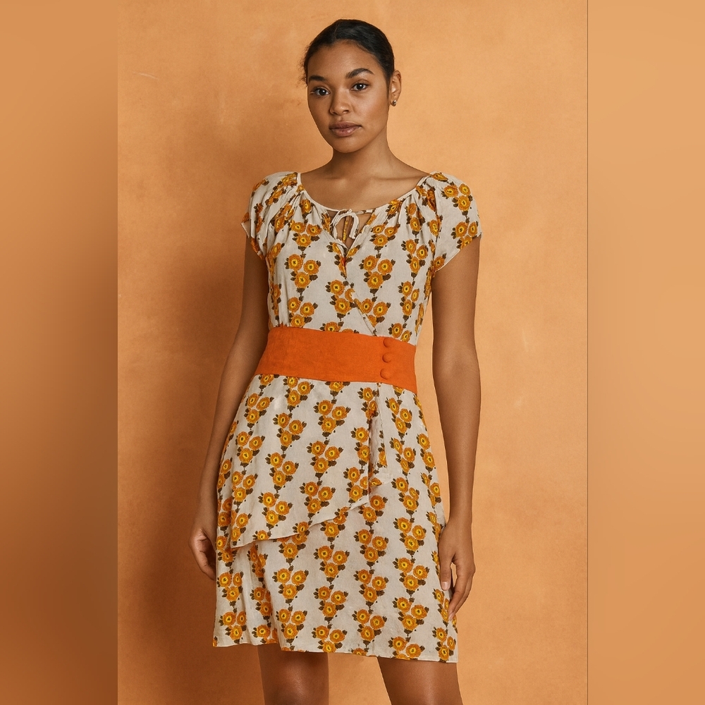 Floral Print Silk Dress with Orange Accents